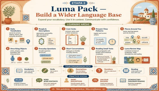An educational infographic poster titled 'Luma Pack - Build a Wider Language Base' for ETAPA 2, featuring a warm beige background with various colorful illustrations, icons, and text blocks detailing learning areas such as daily vocabulary, people and descriptions, core verbs, present-time patterns, places around you, and reading small texts.