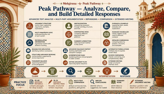 An infographic-style promotional graphic for Peak Pathway, showing a decorative architectural background with arches and potted plants, plus a large grid of text and icons explaining features such as advanced text analysis, multi-part argumentation, rephrasing, comparison, and extended writing.