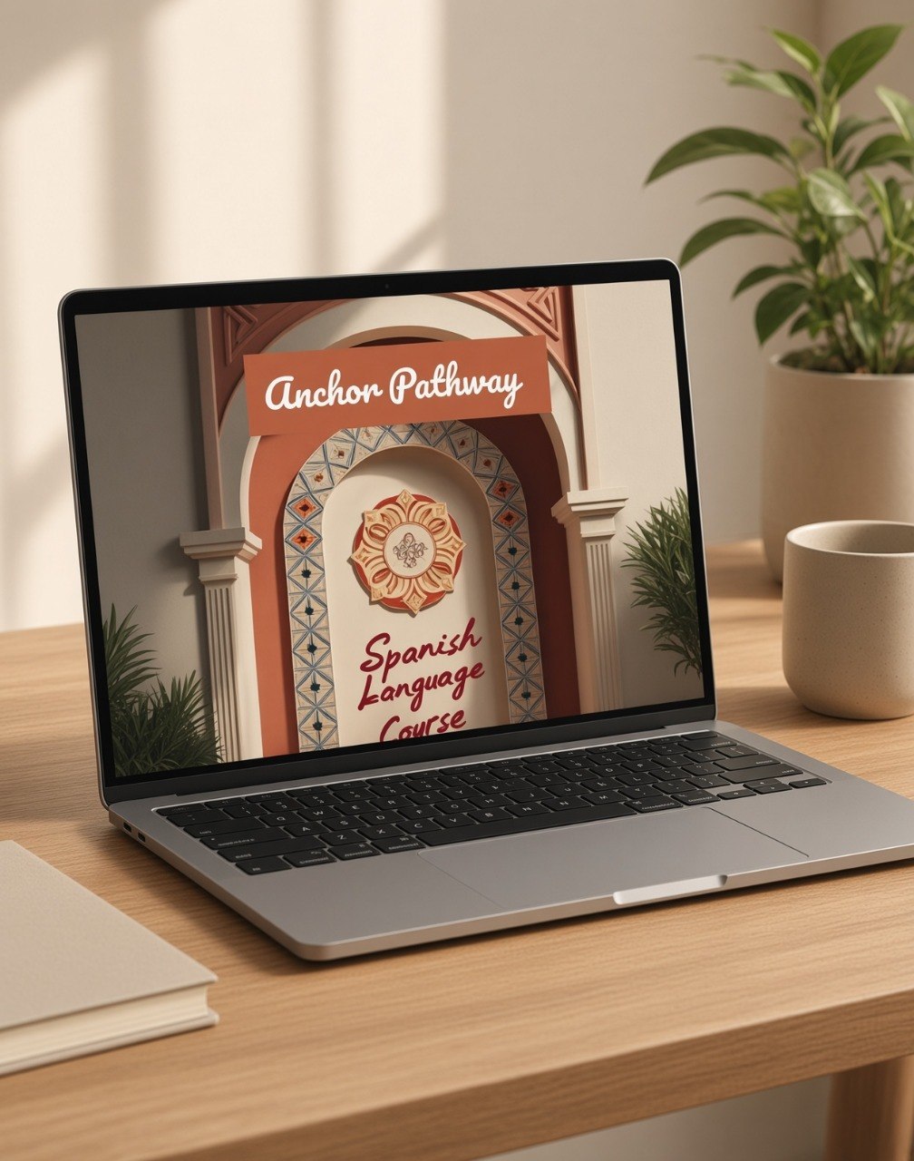 An open silver laptop on a wooden desk displaying a course cover titled 'Anchor Pathway Spanish Language Course,' with a plant, mug, and notebook in a softly lit indoor setting.