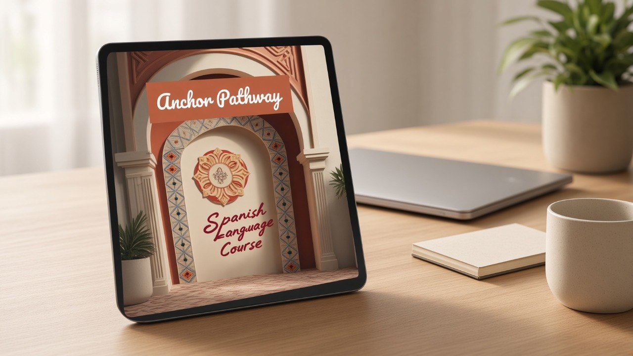 A tablet on a wooden desk displaying a Spanish language course cover titled 'Anchor Pathway Spanish Language Course,' with a laptop, notebook, and potted plant in the background.