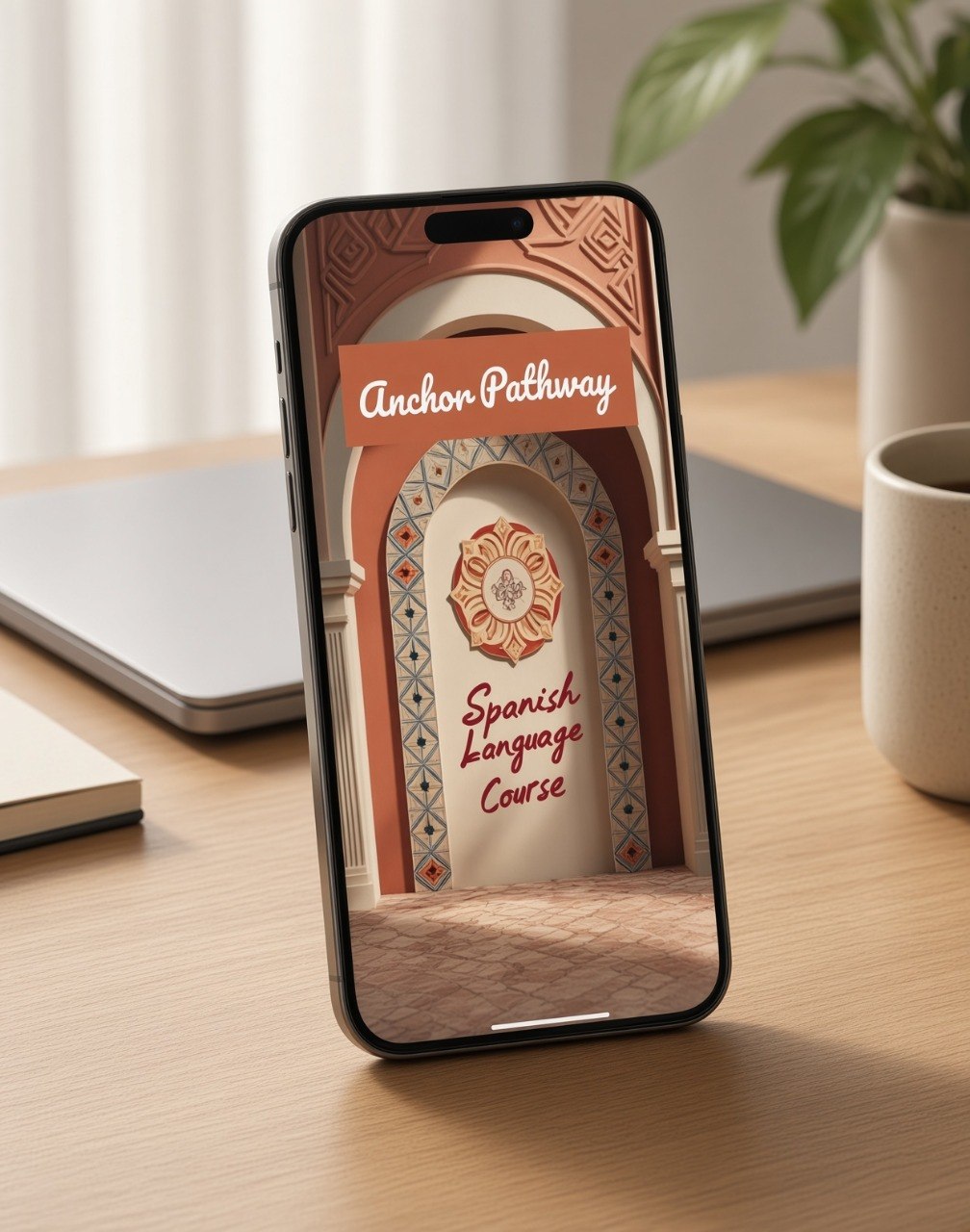 A smartphone standing on a wooden desk displays a course cover for 'Anchor Pathway Spanish Language Course.' The phone is shown in a styled office setting with a closed laptop, notebook, plant, and ceramic mug in the background.