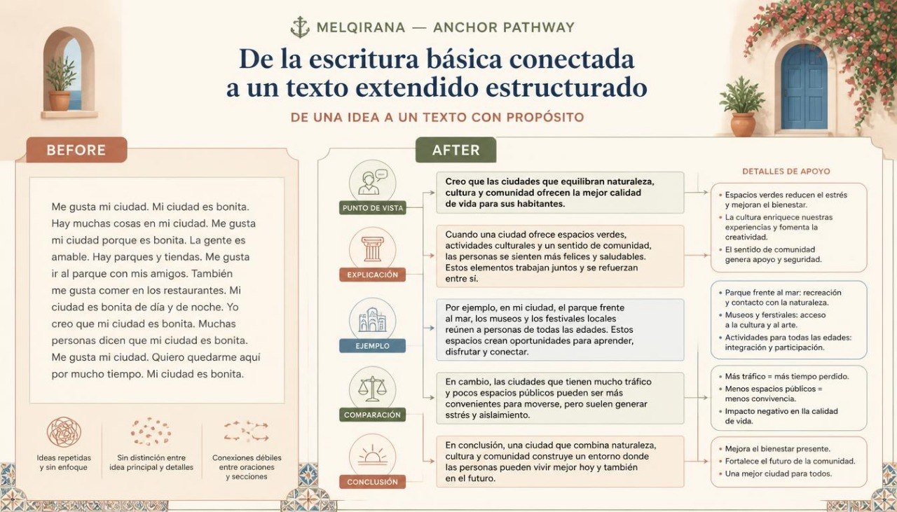 An infographic poster in Spanish titled 'De la escritura básica conectada a un texto extendido estructurado' under the brand 'Melograna - Anchor Pathway'. The design features a warm beige background with brown borders, decorative plants, and a central comparison diagram labeled 'Before' and 'After' with Spanish text blocks and small icons.