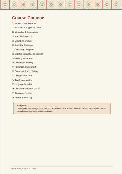 A printed page showing a course contents table of contents with numbered sections from 01 to 18, plus a small study note box near the bottom. The page is white with black text and a thin orange decorative border at the top.