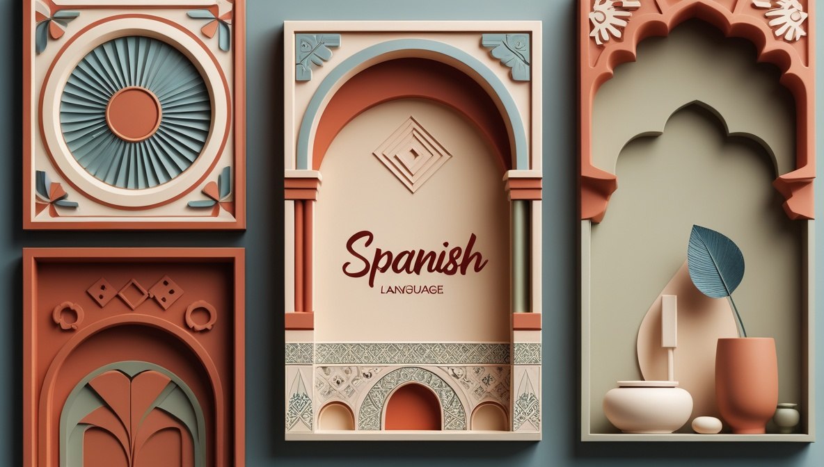 A decorative wall-art style graphic with three vertical arch-shaped panels in terracotta, beige, and muted blue-gray tones. The center panel contains the words 'Spanish LANGUAGE' in red and brown lettering, while the left and right panels show ornamental architectural motifs and small decorative objects like a leaf and vase.