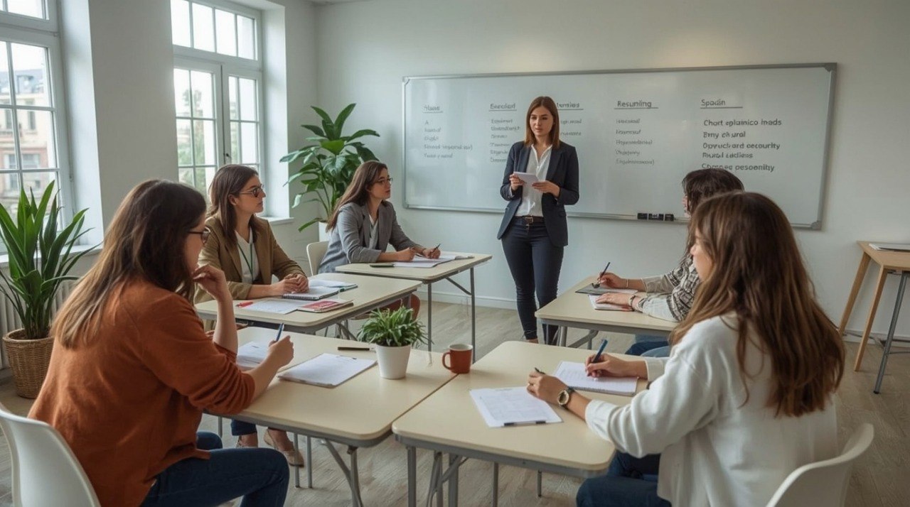 A group of people in a bright classroom or meeting space, with one person standing at a whiteboard while others sit at desks writing or taking notes.