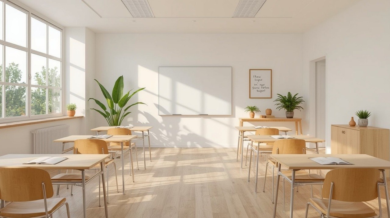 A bright, modern classroom with light wood desks and chairs, a whiteboard on the back wall, large windows with natural sunlight, and several potted green plants.