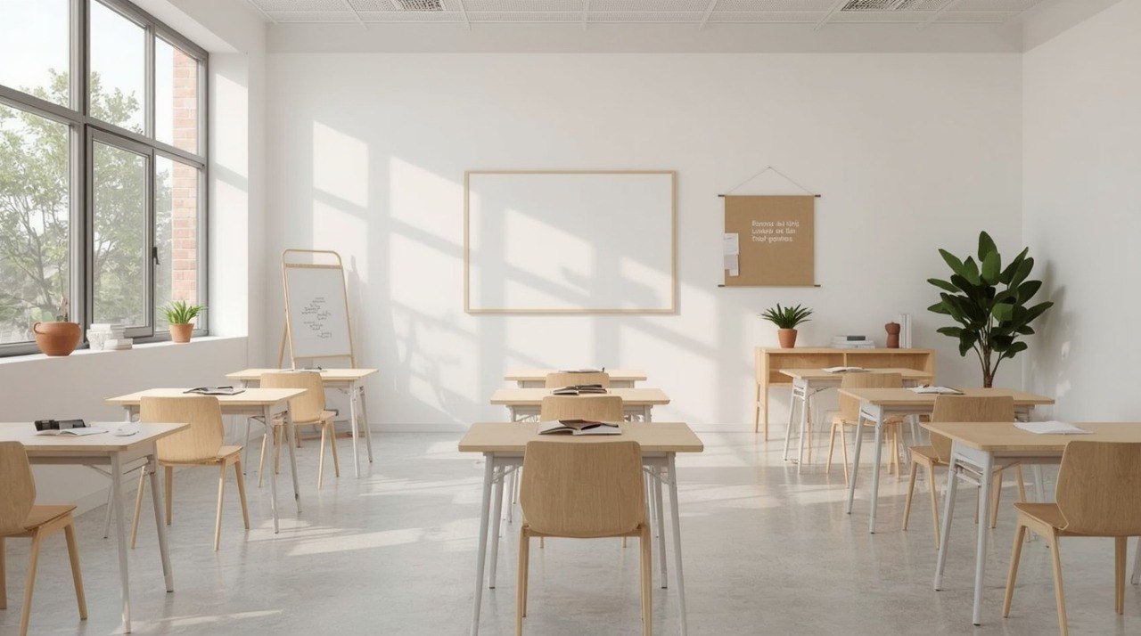 A bright, modern classroom with light wood desks and chairs, a whiteboard on the wall, large windows with natural sunlight, and potted plants.