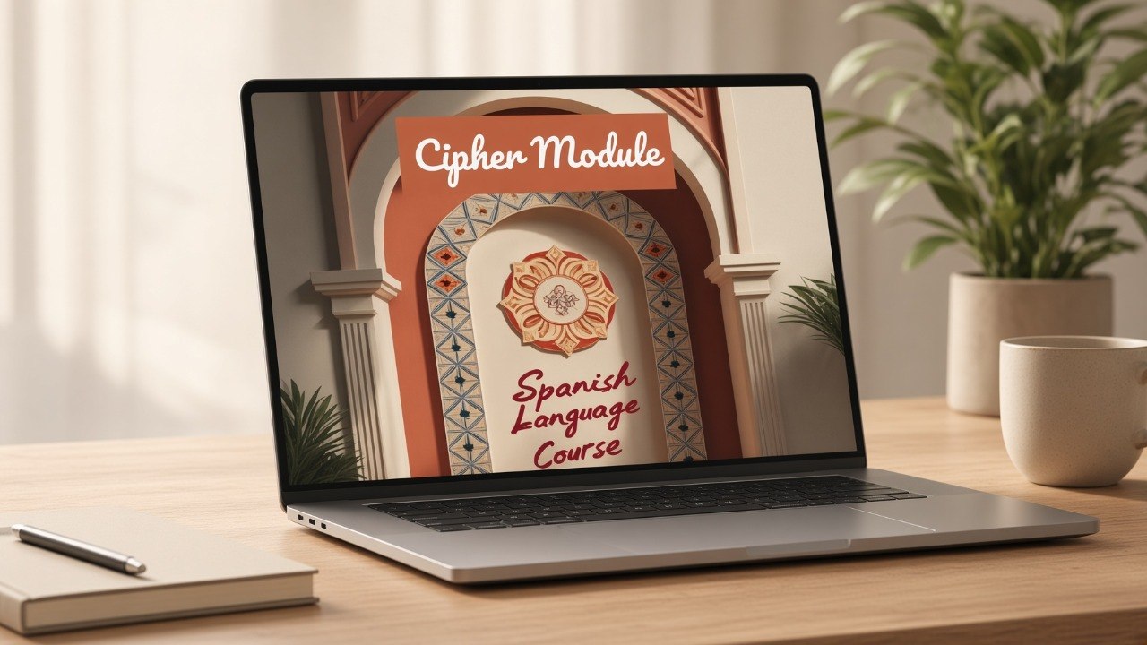 An open laptop on a wooden desk displaying a digital course cover titled 'Cipher Module' and 'Spanish Language Course.' The scene is styled with a notebook, pen, potted plants, and a mug in a bright indoor setting.