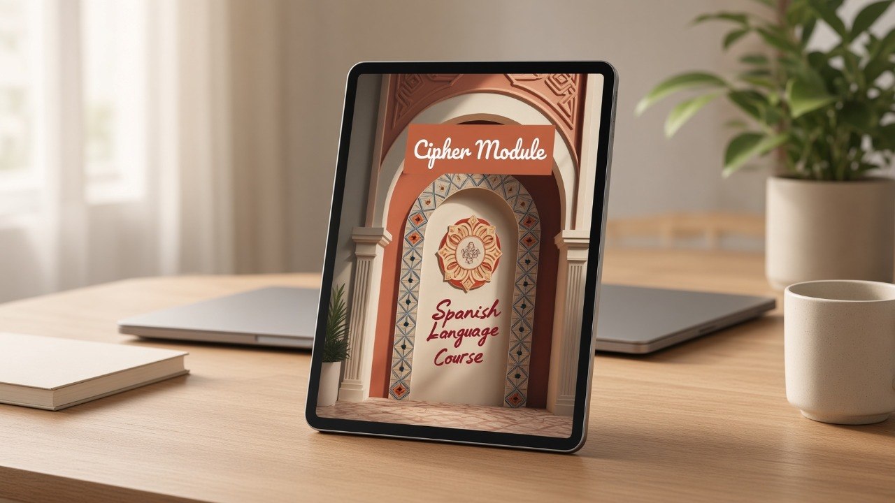 A tablet on a wooden desk displaying a digital course cover titled 'Cyber Module Spanish Language Course,' with a laptop, notebook, mug, and potted plant in a softly lit room.
