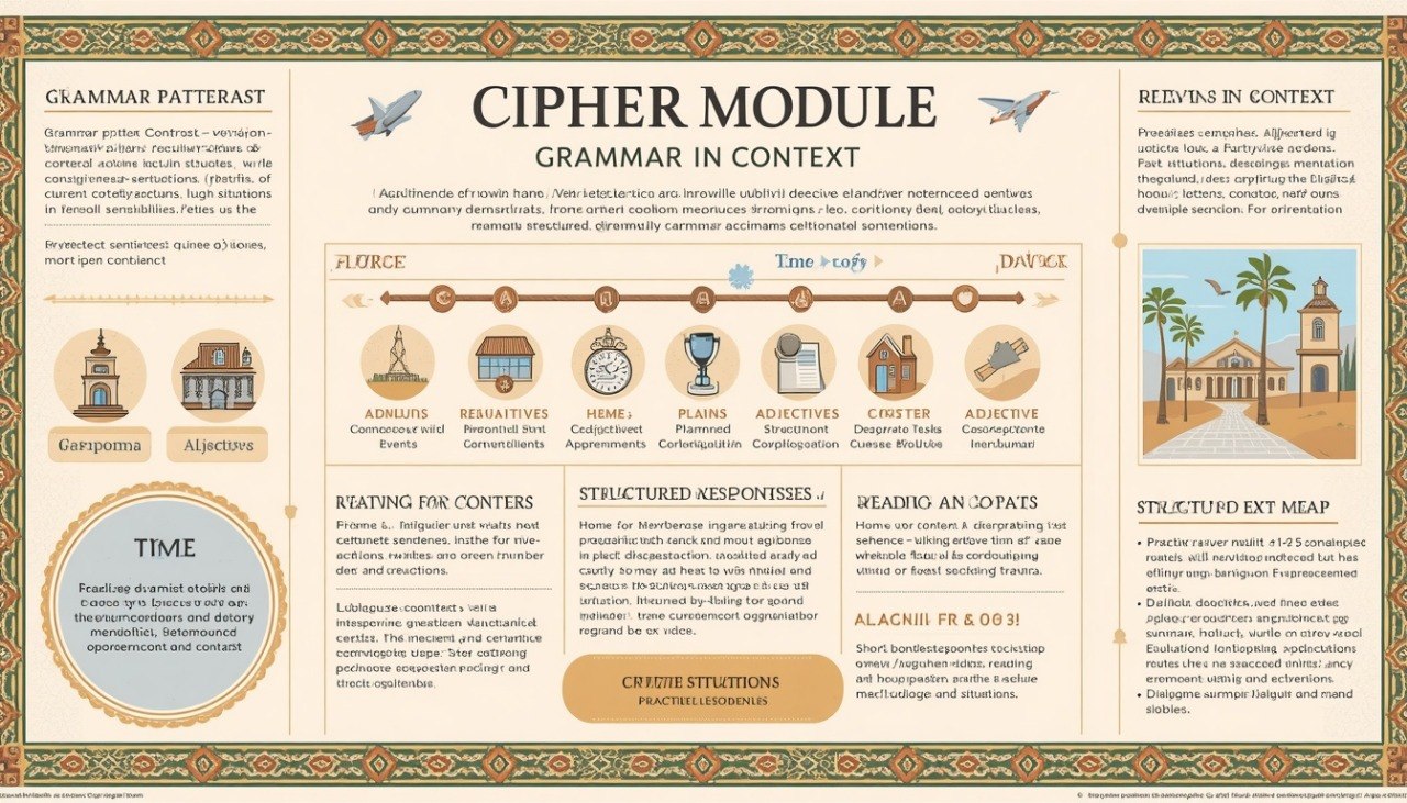 An educational infographic poster titled 'CIPHER MODULE GRAMMAR IN CONTEXT' with ornate borders, sections on grammar patterns, tense markers, and illustrated panels with buildings and text examples.