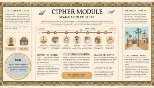 An educational infographic poster titled 'CIPHER MODULE GRAMMAR IN CONTEXT' with ornate borders, sections on grammar patterns, tense markers, and illustrated panels with buildings and text examples.