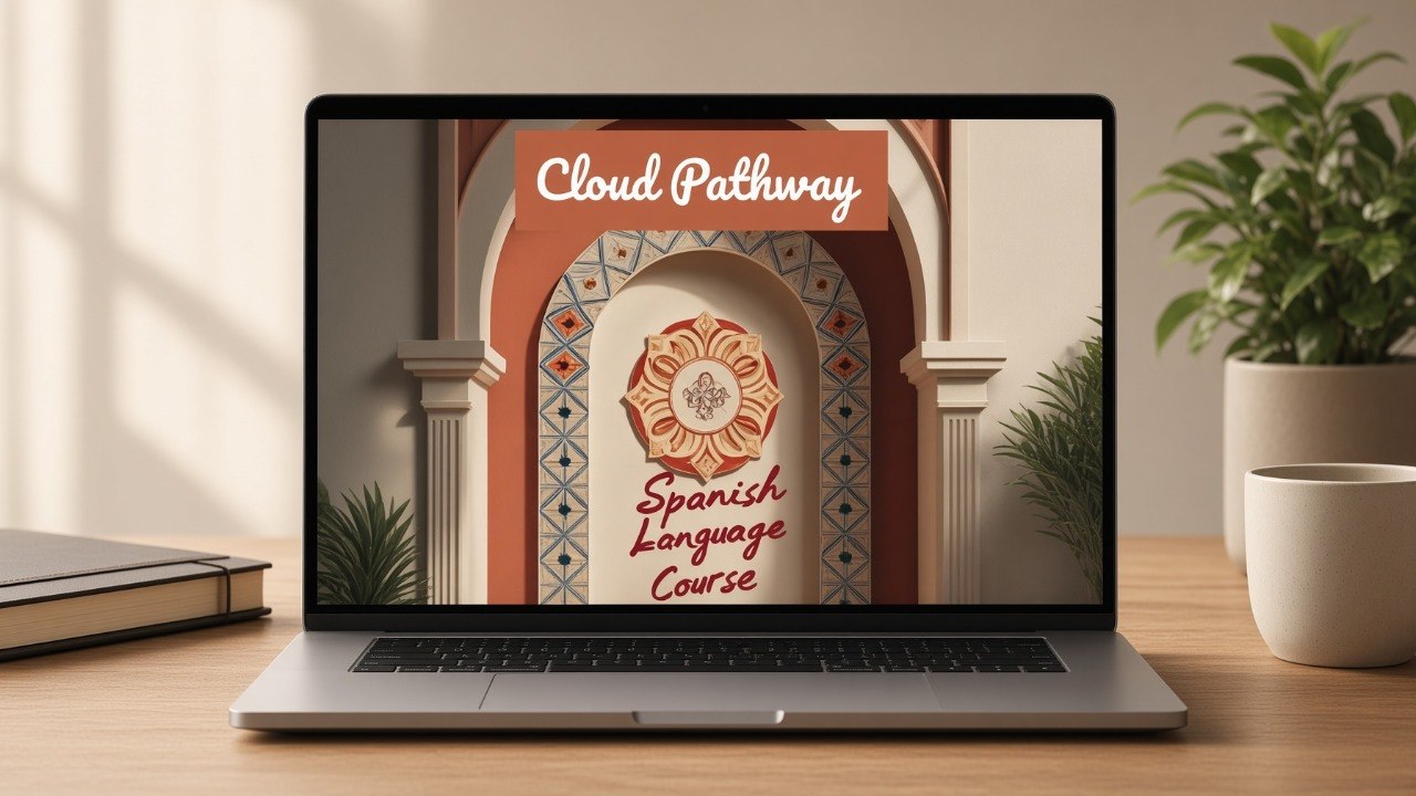A silver laptop sits on a wooden desk displaying a digital course cover titled 'Cloud Pathway Spanish Language Course.' The scene is styled with a potted plant, a ceramic mug, and a book in a warm, sunlit room.