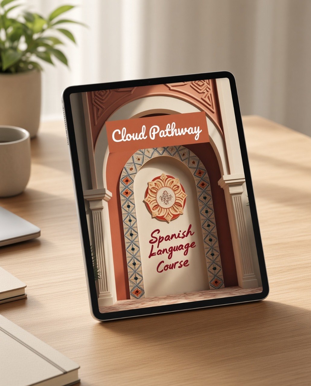 A tablet device standing on a wooden desk, displaying a course cover titled 'Cloud Pathway Spanish Language Course' with an ornate arch illustration. The scene includes a plant, mug, and notebooks in a softly lit indoor setting.