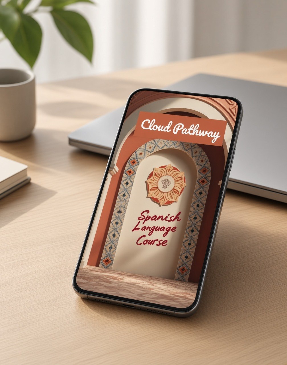 A smartphone on a light wood desk displays a digital course cover titled 'Cloud Pathway' and 'Spanish Language Course' in a warm beige, terracotta, and brown color scheme. A laptop, mug, and plant are blurred in the background.