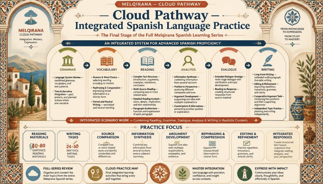 An infographic-style educational poster titled 'Cloud Pathway - Integrated Spanish Language Practice' with decorative architectural borders, multiple illustrated sections, and text blocks about grammar, vocabulary, reading, analysis, dialogue, writing, practice focus, and learning outcomes.