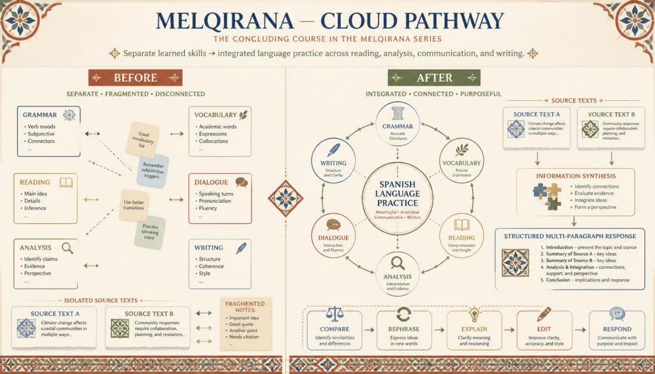 An educational infographic titled 'MELQIRANA - CLOUD PATHWAY' detailing a Spanish language curriculum, showing 'Before' and 'After' learning stages with diagrams, text boxes, and decorative borders on a cream background.
