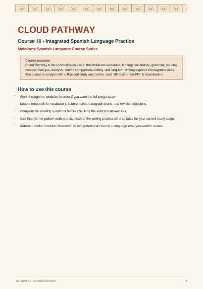 A digital preview page from the 'Cloud Pathway' course, specifically Course 10 - Integrated Spanish Language Practice. The page features a clean white background with a blue header and black text outlining the course purpose, learning objectives, and usage instructions for the 'Mejorana Spanish Language Course Series'.
