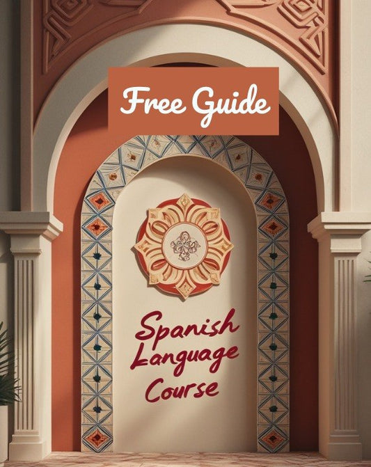 A stylized arched doorway with terracotta walls and decorative tile borders, featuring the words 'Free Guide' at the top and 'Spanish Language Course' in red script below a central floral emblem.