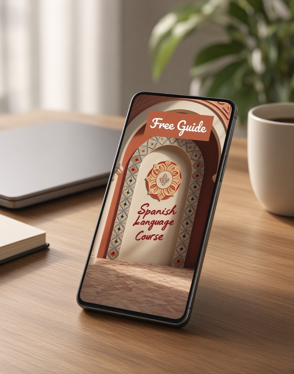 A smartphone on a wooden desk displaying a digital cover for a 'Free Guide: Spanish Language Course,' with a laptop, notebook, and coffee cup in a softly lit room.
