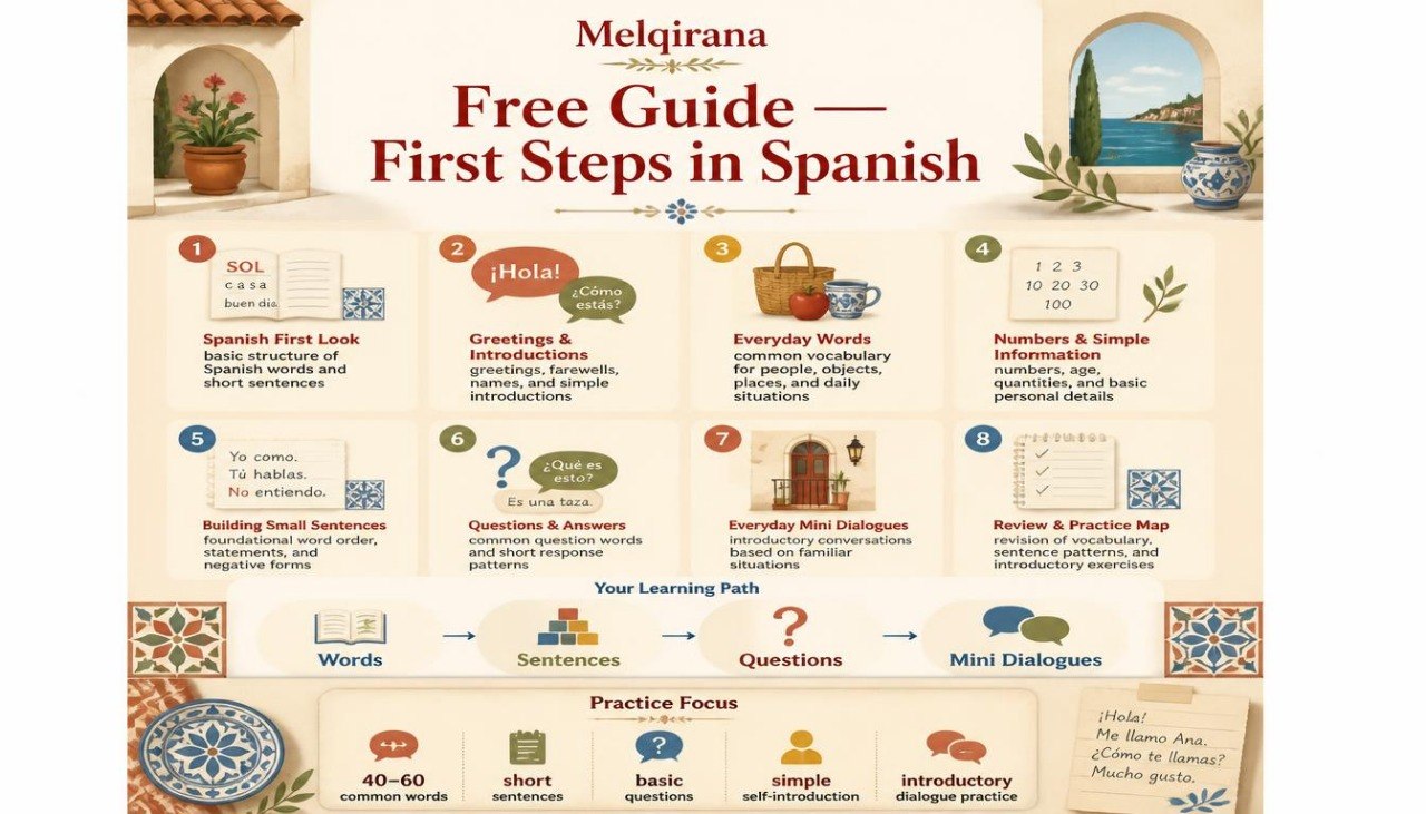 An educational infographic poster titled 'Melqirana Free Guide First Steps in Spanish' with a beige background, featuring illustrated panels, step-by-step learning pathways, and decorative Spanish-themed borders.