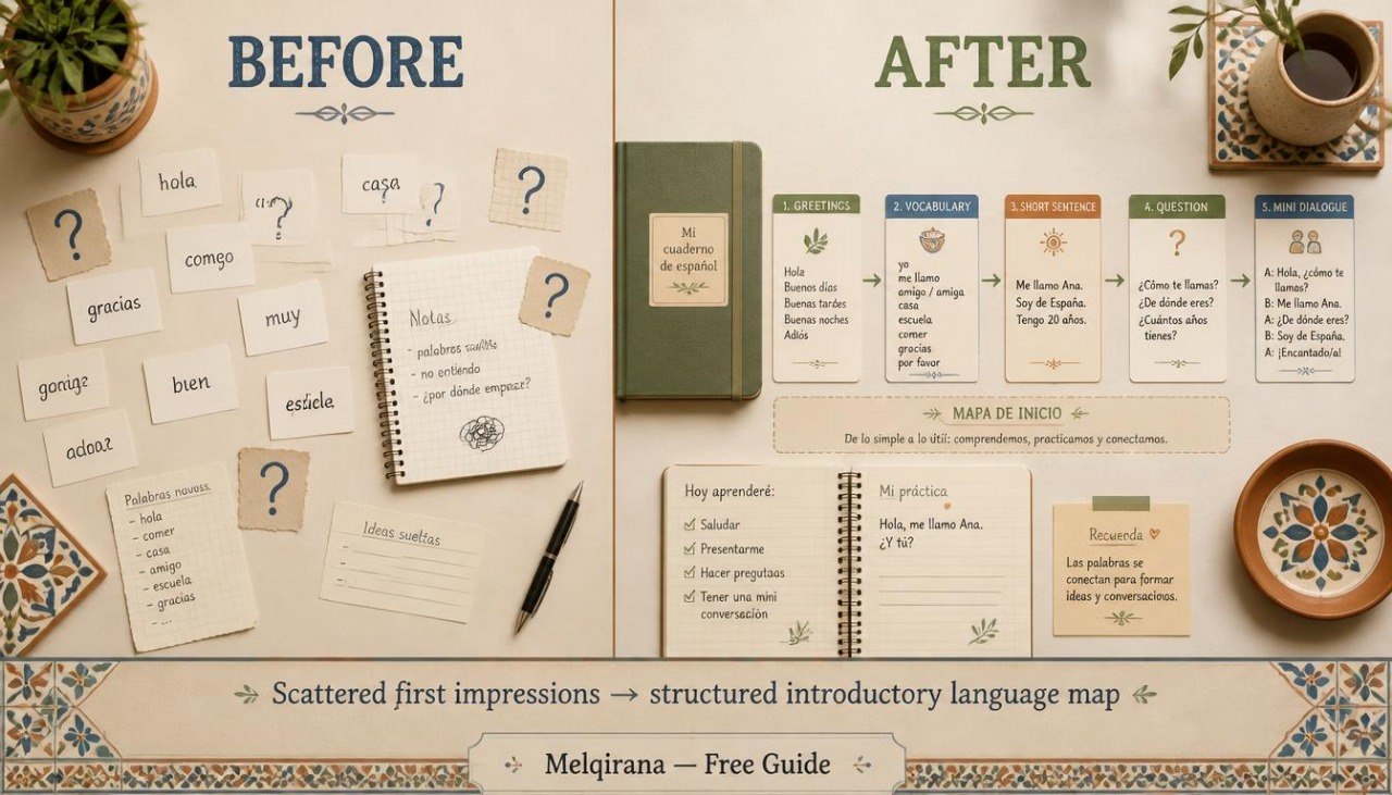 A styled flat-lay promotional graphic for a language learning guide titled 'Before' and 'After' with Spanish text, showing notebooks, cards, a pen, and decorative dishes on a patterned surface.
