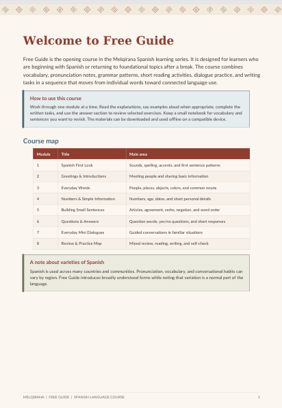 A digital preview page of a Spanish language course titled 'Welcome to Free Guide' from Melgarejo, showing a table of contents with modules, topics, and main ideas on a white page with a decorative header.