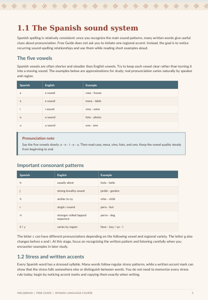 A printed educational page titled "1.1 The Spanish sound system" with pronunciation notes and a table of important consonant patterns, shown on a white page with a small decorative border.
