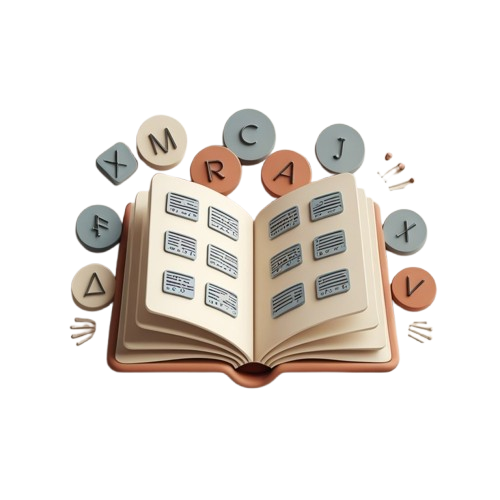 An open book with cream-colored pages and a warm brown cover, surrounded by floating circular letter tiles spelling out 'MRAJXFVL' on a plain white background.