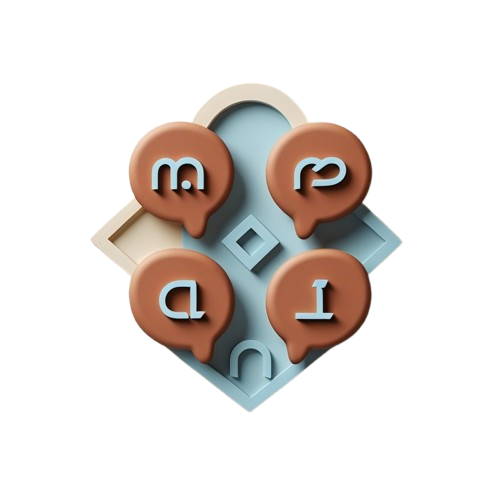 A 3D-rendered decorative icon or logo featuring four brown speech-bubble shapes with light blue letters arranged on a pale blue and beige abstract diamond background, isolated on a white backdrop.