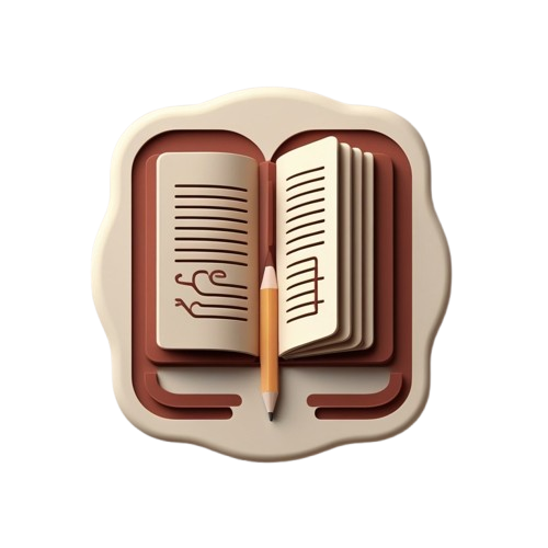 A stylized 3D illustration of an open book with a pencil resting in the center, rendered in warm cream, brown, and tan tones on a plain white background.