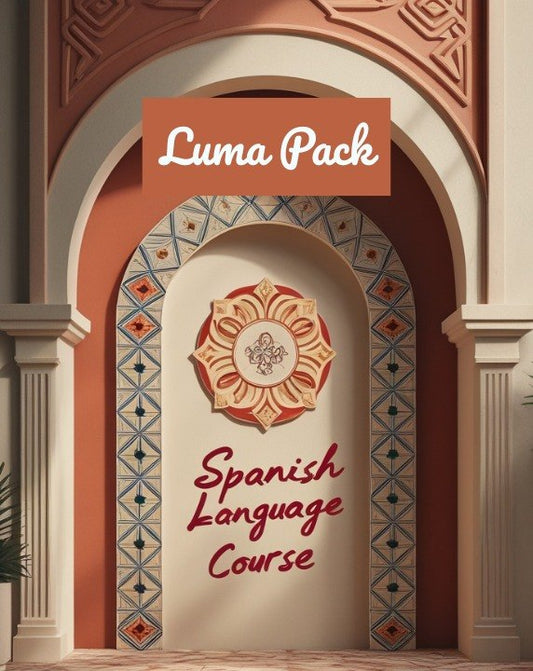 A stylized arched doorway with terracotta and cream architectural details, a decorative floral emblem in the center, and the text 'Luma Pack' and 'Spanish Language Course' on the facade.