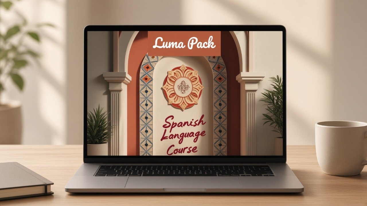 A laptop on a wooden desk displaying a digital course cover titled 'Luma Pack Spanish Language Course,' with a warm architectural illustration on screen. The scene is styled with a notebook, a mug, and soft window light in the background.