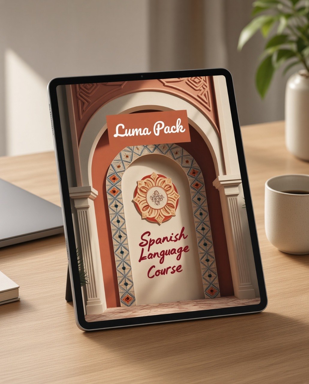A tablet on a wooden desk displaying a Spanish language course cover titled 'Luma Pack' with decorative arch artwork. The scene includes a laptop edge, a coffee cup, and a potted plant in a softly lit indoor setting.