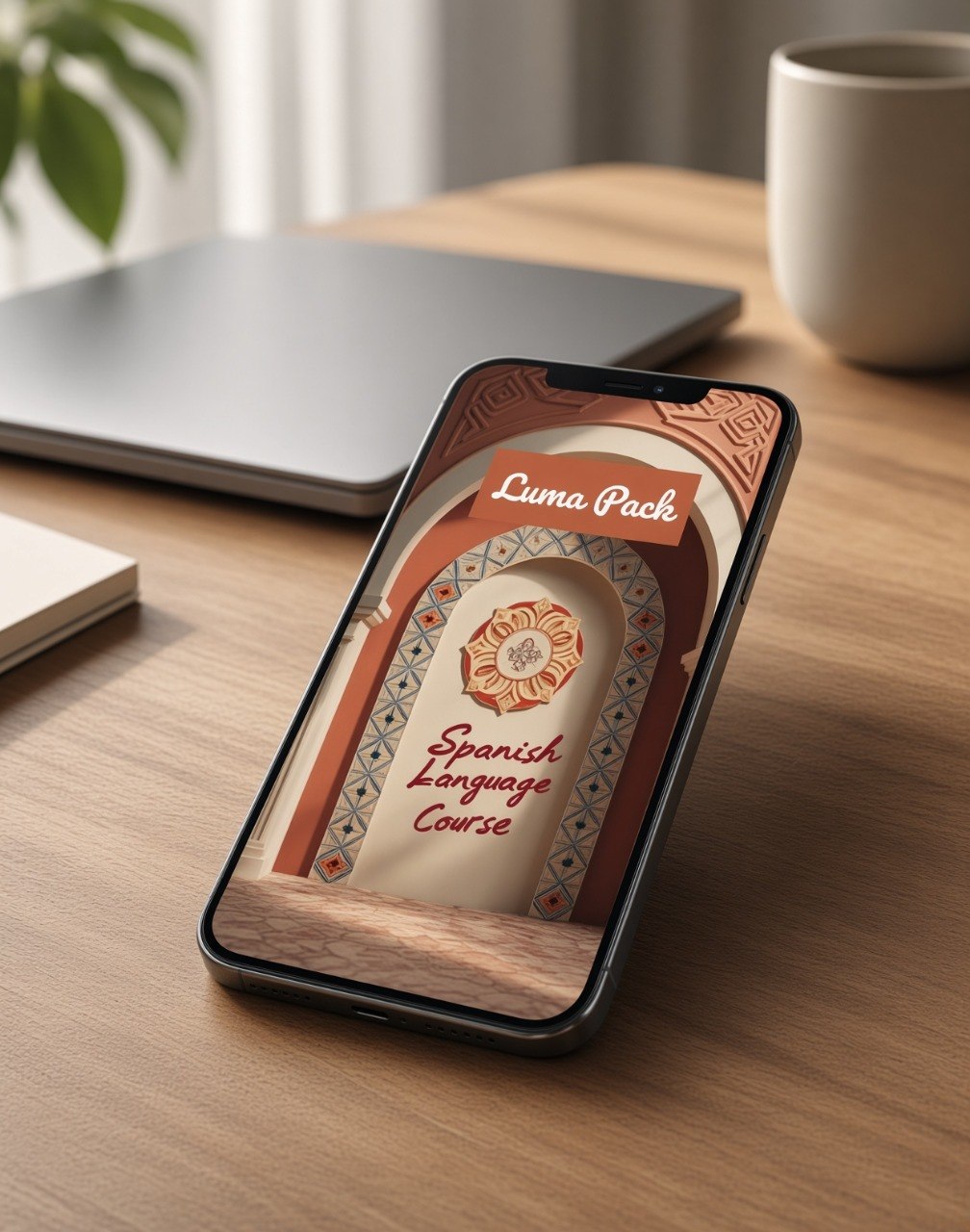 A smartphone lying on a wooden desk displays a Spanish language course cover titled 'Luma Pack' in a warm, decorative arch design. The phone is shown in a styled workspace setting with a closed laptop, notebook, and ceramic mug in the background.
