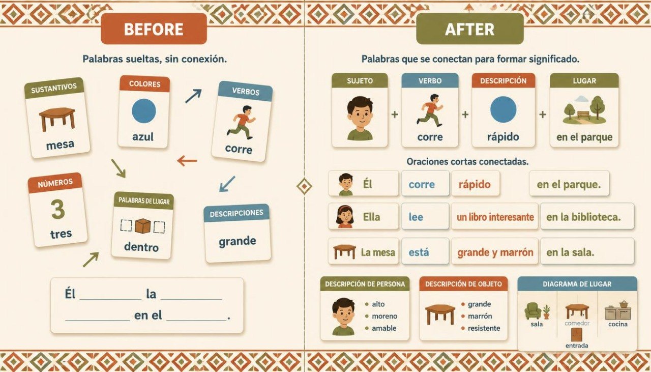 Spanish educational poster titled 'Before and After' showing word associations, verbs, nouns, adjectives, and short sentences with illustrated cards and arrows on a patterned cream background.