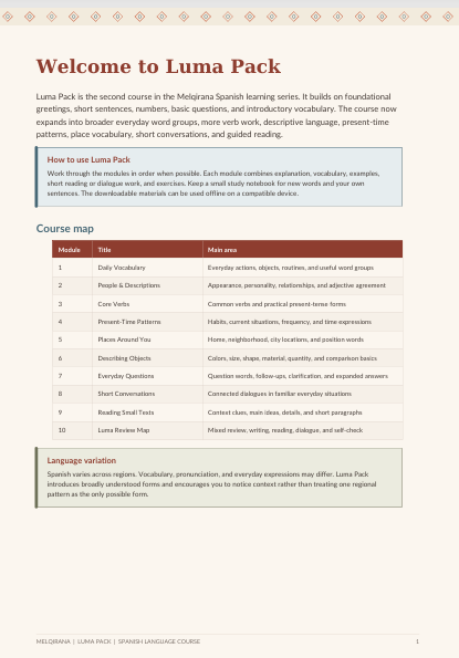 A single-page preview of the 'Welcome to Luma Pack' module from the Meluña learning series, showing a table of contents with modules, titles, and main tasks on a white page with black text.