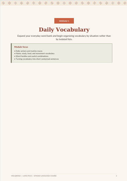 A page from a Spanish language course workbook titled 'Module 1 Daily Vocabulary' with a light beige background, a dark brown header, and a gray box outlining module focus points.