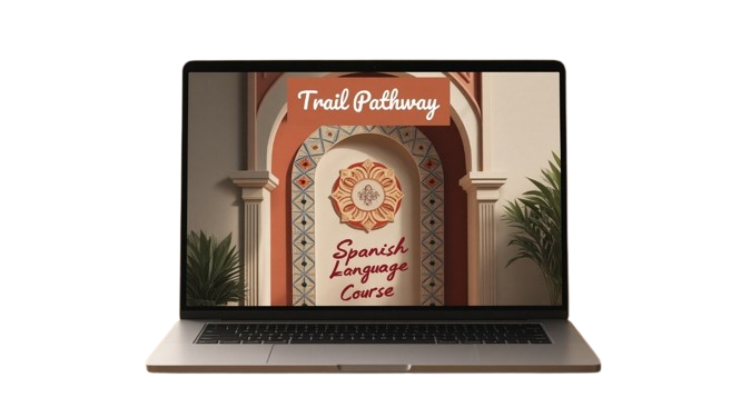 A silver laptop on a white background displaying a digital course cover titled 'Trail Pathway' and 'Spanish Language Course' over an architectural arch illustration.