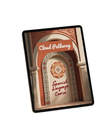 A tablet device shown at an angle on a plain white background, displaying a course cover titled 'Cloud Pathway' and 'Spanish Language Course' over an ornate archway illustration.