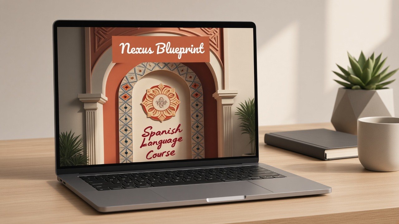 A silver laptop sits open on a wooden desk, displaying a course cover titled "Nexus Blueprint" and "Spanish Language Course" on its screen. The scene is styled with a small potted succulent, a closed notebook, and a ceramic mug in a warm, sunlit room.