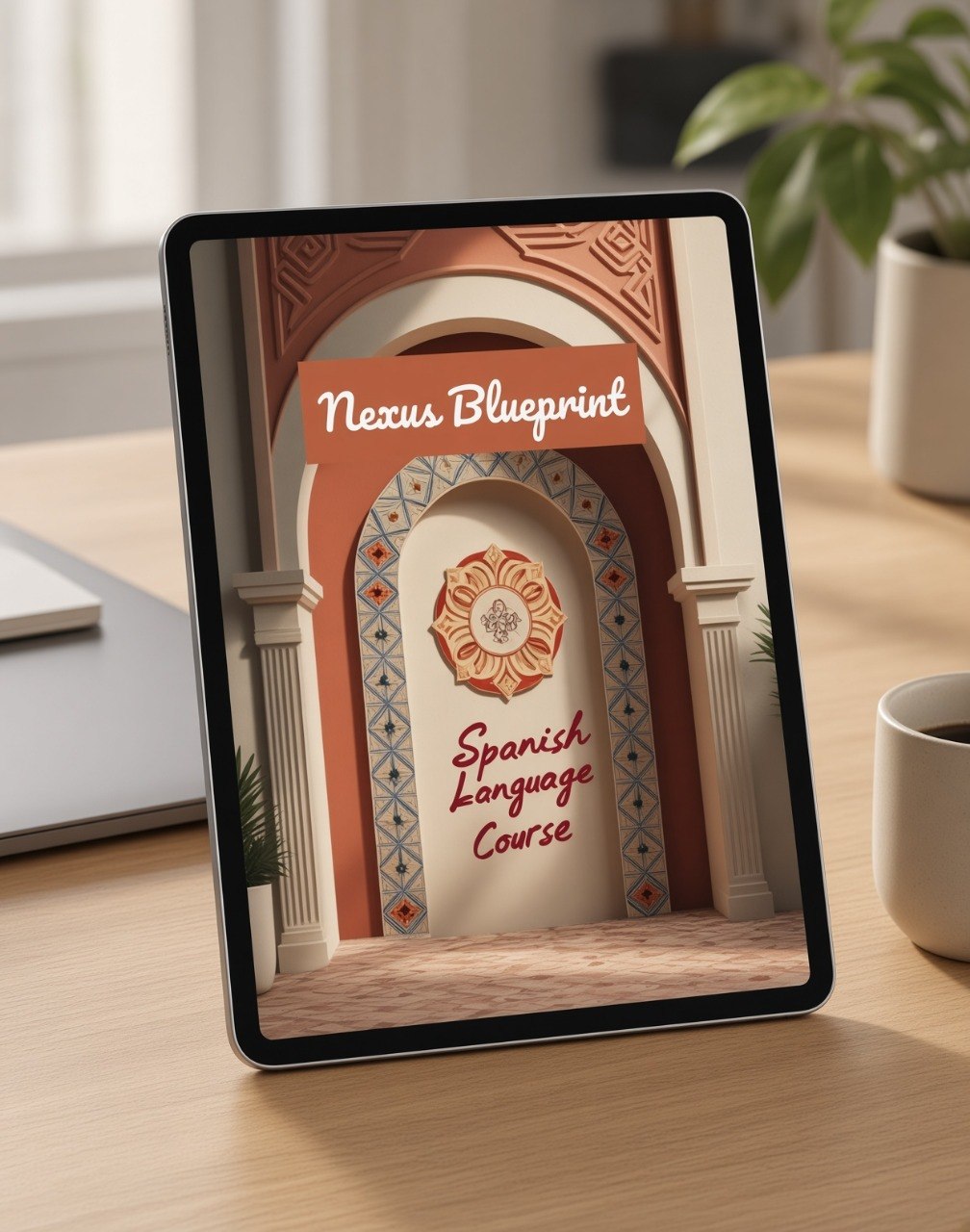 A tablet on a wooden desk displaying a Spanish language course cover titled 'Nexus Blueprint' with an ornate archway illustration. The scene includes a laptop, mug, and plant in a softly lit indoor setting.