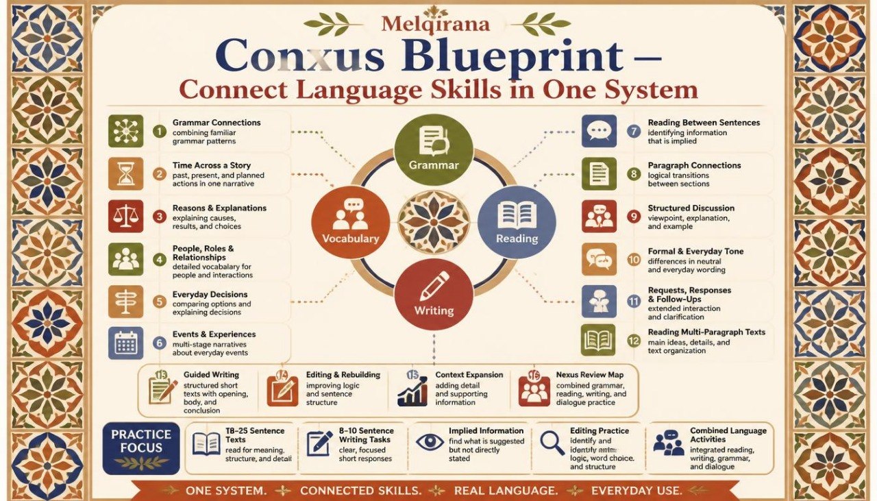 An educational poster titled 'Meljirana Conus Blueprint - Connect Language Skills in One System' featuring a central circular diagram with grammar, vocabulary, and reading icons, surrounded by various language skills and learning tips on a beige background with ornate borders.