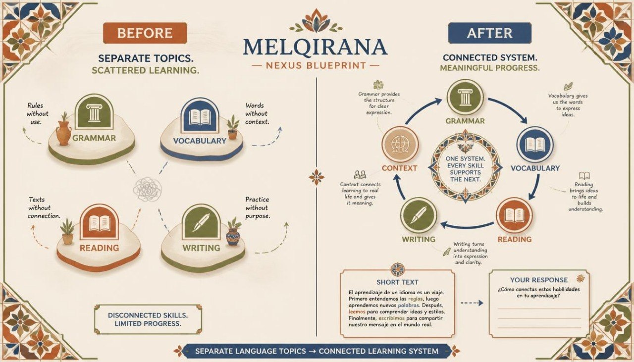 An educational infographic poster titled 'MELQIRANA - NEXUS BLUEPRINT' comparing a 'BEFORE' state of scattered, separate language topics with an 'AFTER' state of a connected learning system. The design features a warm beige background with ornate gold borders, using various colored icons and diagrams to illustrate grammar, vocabulary, reading, and writing skills.