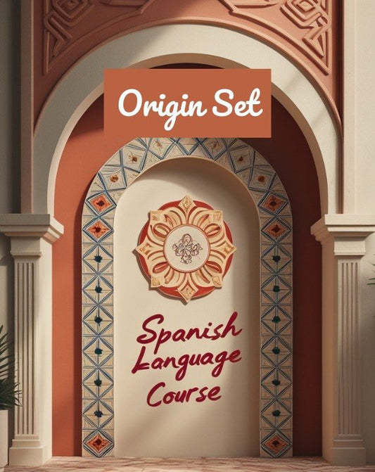A decorative book cover or poster design featuring an arched doorway with terracotta walls, patterned tile borders, and a central medallion. White text reads 'Origin Set' at the top, and red script text reads 'Spanish Language Course' below.