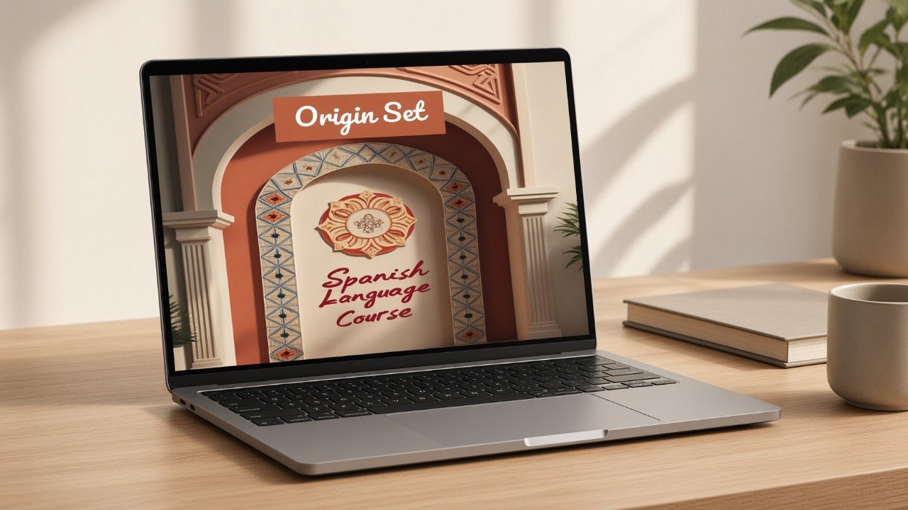 A silver laptop sits on a wooden desk displaying a Spanish language course screen titled 'Origin Set Spanish Language Course.' The scene is styled with a book, a ceramic mug, and a potted plant in a warm, sunlit room.