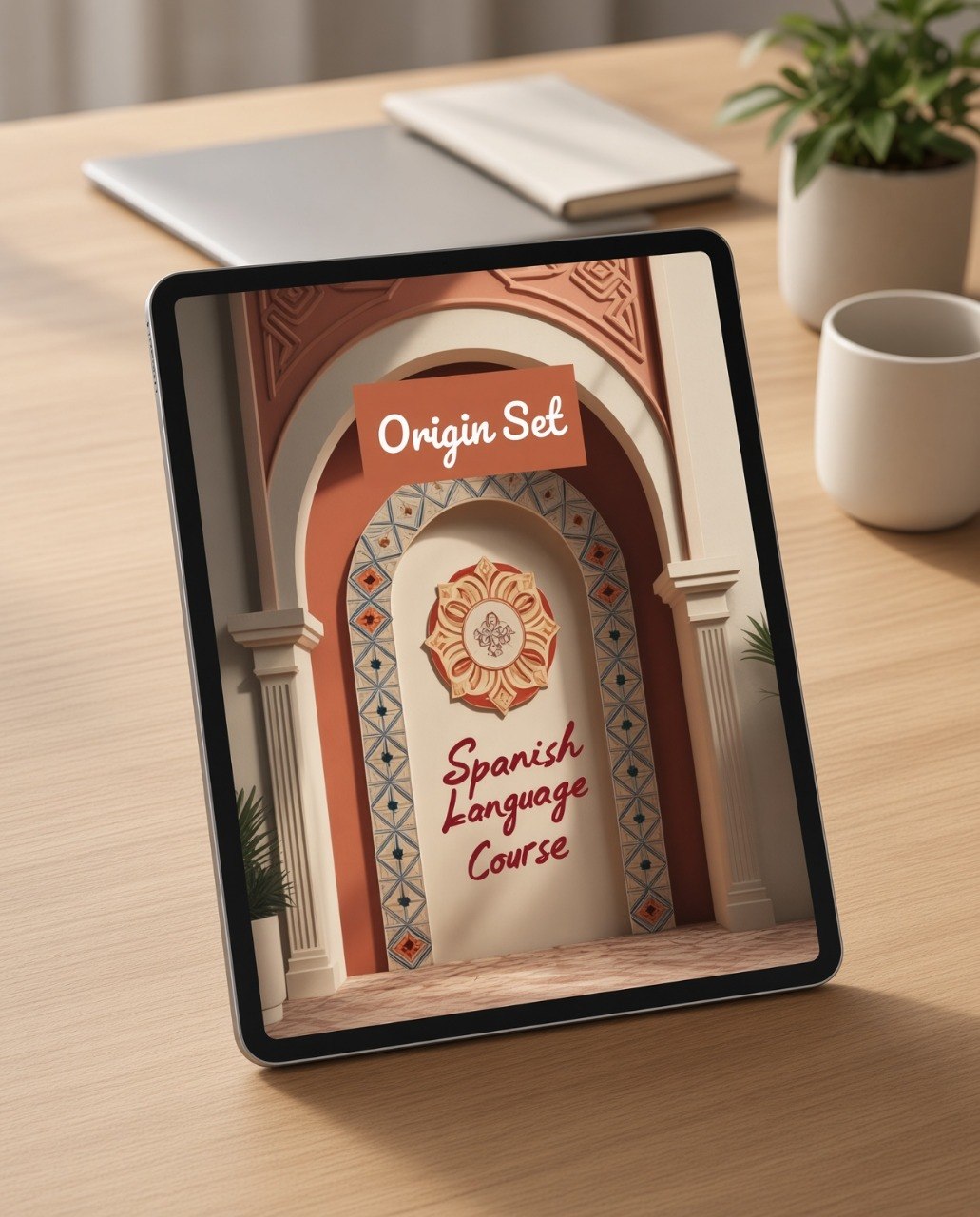 A tablet on a wooden desk displaying a Spanish language course cover titled 'Origin Set' with an archway graphic. The scene is styled with a laptop, notebook, and potted plants in the background.