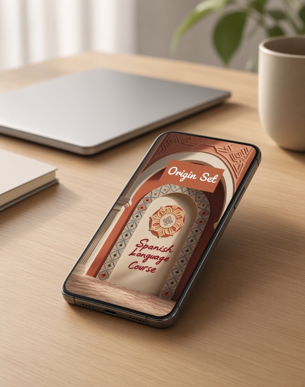 A smartphone lying on a light wood desk, displaying a course cover titled "Origin Set" and "Spanish Language Course." The phone is shown in a real indoor setting with a closed laptop, notebook, mug, and plant in the background.
