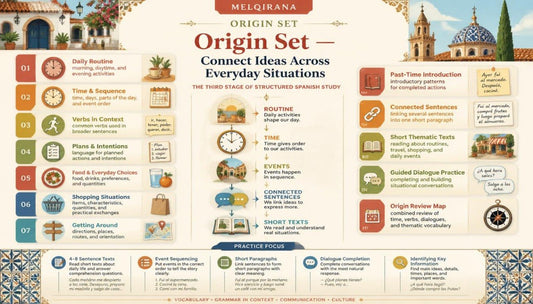 An educational infographic poster titled 'Origin Set - Connect Ideas Across Everyday Situations' for Melqirana, featuring a detailed timeline and educational objectives with Spanish grammar and vocabulary concepts, illustrated with colorful icons on a cream background with traditional patterns.