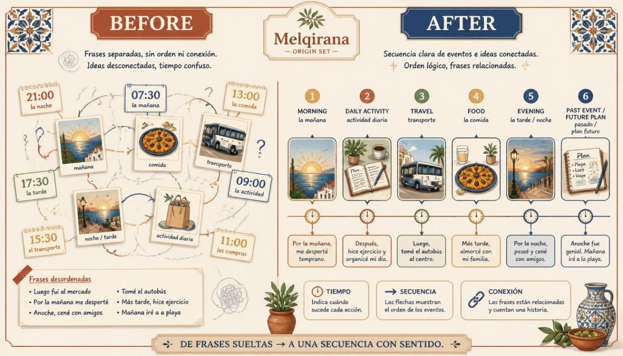 A Spanish-language educational infographic poster titled 'Melirina' showing a 'Before' and 'After' comparison of sentence structure, with illustrated timelines, icons, and small images of food and travel scenes.