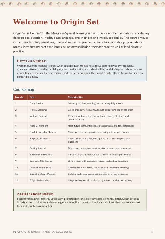 A printed or digital page titled 'Welcome to Origin Set' from a Spanish learning curriculum, showing a welcome message, course overview, a course map, and a note on Spanish variation on a white page with orange and black text.